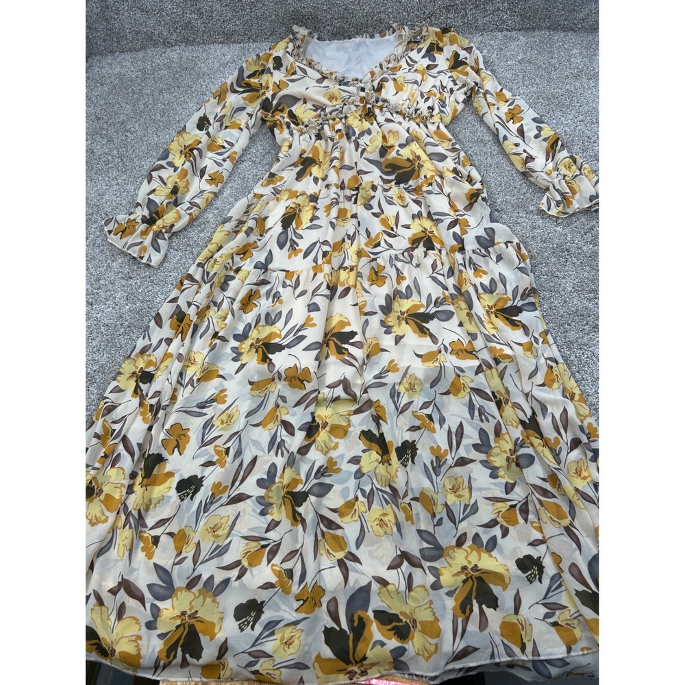 Yellow Floral Ruffle V-Neck Tiered Maxi Dress Long Sleeve Boho Cottagecore #0859